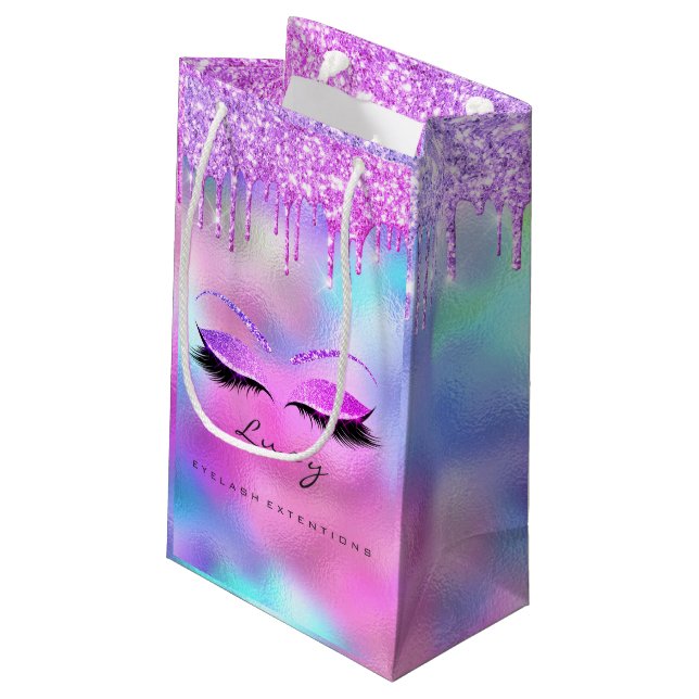 Eyes Lashes Makeup Bridal Name Glitter Holograph Small Gift Bag (Back Angled)