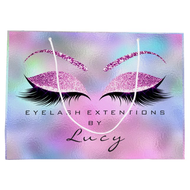 Eyes Lashes Makeup Bridal Name Glitter Pink Blue Large Gift Bag (Back)