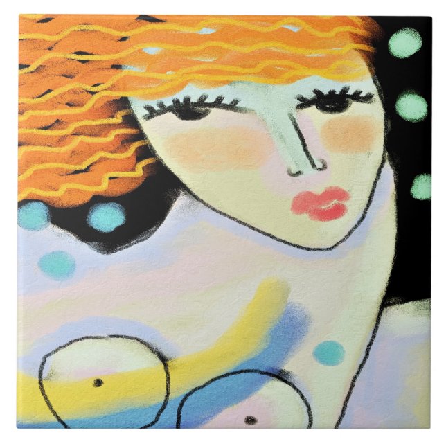 Eyes Wide Open Abstract Digital Portrait of Woman Tile (Front)