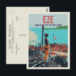 Eze village Cote d'Azur France, mediterranean Postcard<br><div class="desc">For all Eze and Côte d'Azur lovers or for those who like to share their travels with their friends. Retro postcard with view of mediterranean sea from Eze village original illustration.</div>