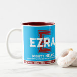 Ezra name meaning sports E monogram blue maroon Two-Tone Coffee Mug<br><div class="desc">Simple name meaning lettering text sporting style mug for the name Ezra meaning Mighty helper. Inspires others by putting heart and soul into everything they do. Other name meanings styles are available or personalize this mug with your own name and what your name means to you and your chant or...</div>