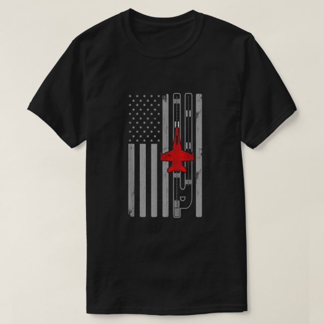F18 Hornet Fighter Jet Airplane American Flag Runw T-Shirt (Design Front)