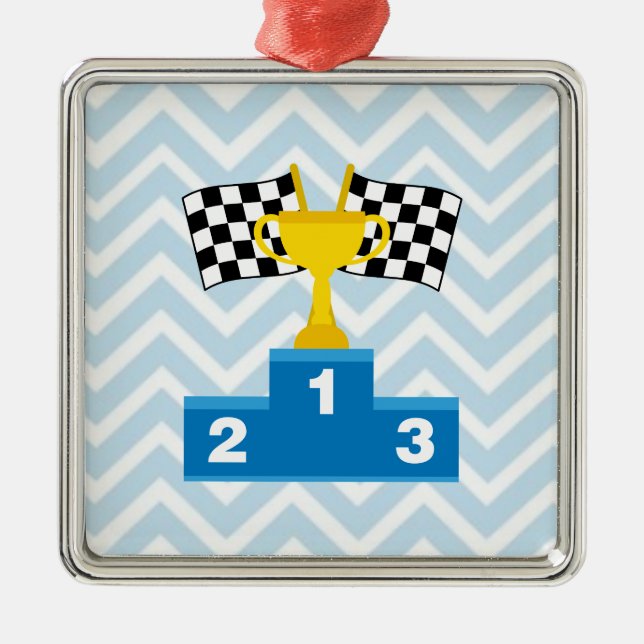 F1 Car Racing Flags Trophy and Ranking on Chevron Metal Ornament (Front)