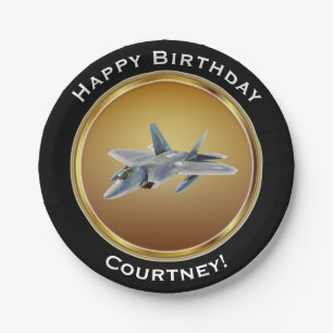 F22 Raptor on Faux Gold Happy Birthday with Name Paper Plate