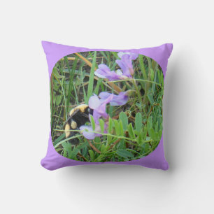 F32w Bee on Purple Wildflowers Throw Pillow