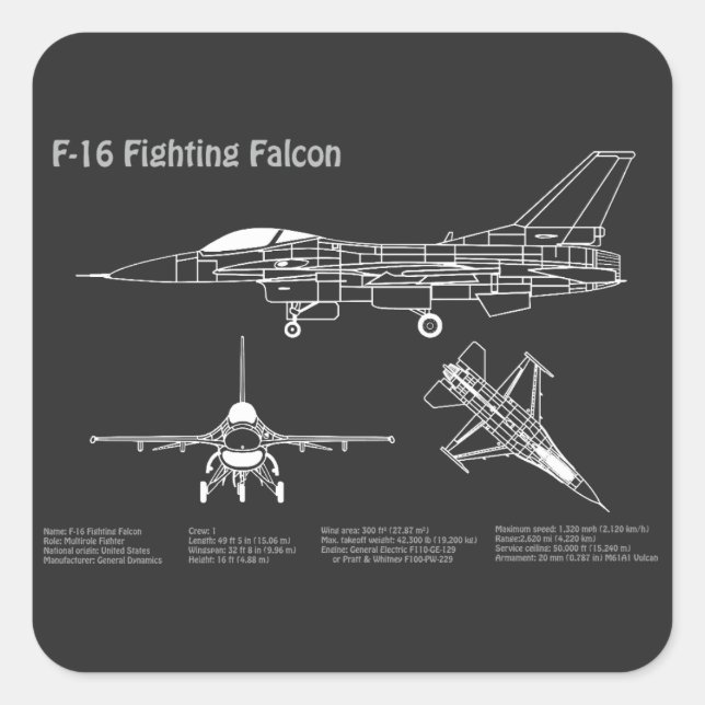 F-16 Fighting Falcon - Airplane Blueprint Plans PD Square Sticker (Front)