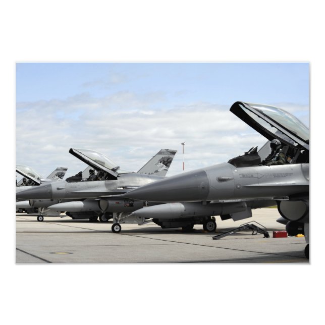 F-16 Fighting Falcons await to launch Photo Print (Front)
