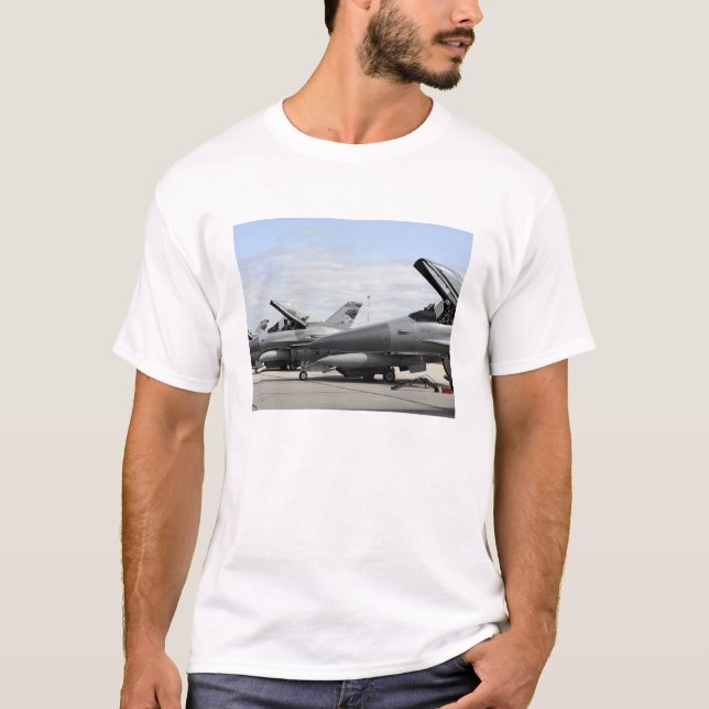F-16 Fighting Falcons await to launch T-Shirt (Front)