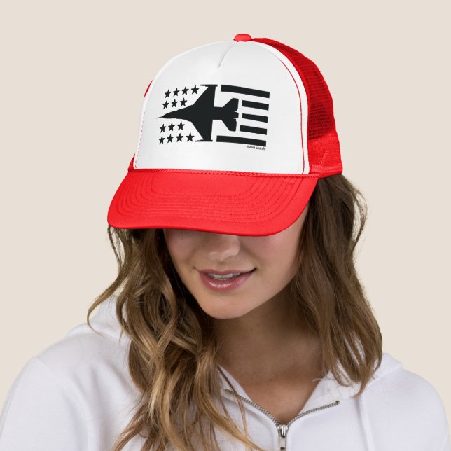 F-16 Viper Fighter Jet Black Stars and Stripes Trucker Hat (In Situ)
