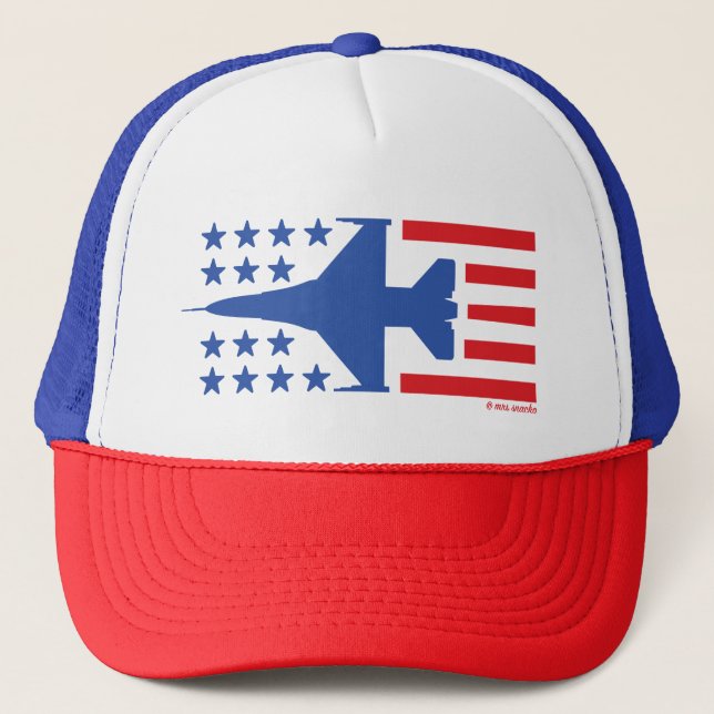 F-16 Viper Fighter Jet Blue Stars Red Stripes Trucker Hat (Front)