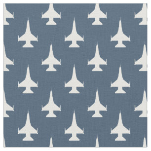 F-16 Viper Fighter Jet Pattern White on Dusty Blue Fabric
