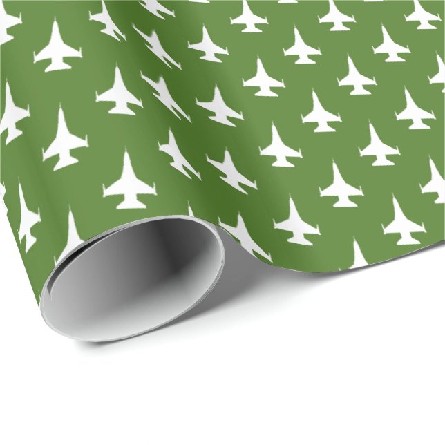 F-16 Viper Fighter Jet Pattern White on Green Wrapping Paper (Roll Corner)