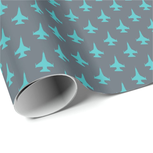 F-16 Viper Jet Pattern Aqua on Grey Wrapping Paper (Roll Corner)