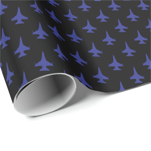 F-16 Viper Jet Pattern Blue on Black Wrapping Paper (Roll Corner)