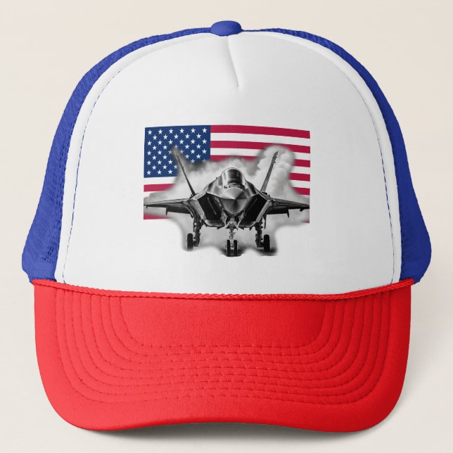 F-35 Fighter Jet with US Flag Background Trucker Hat (Front)