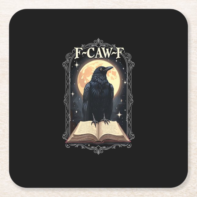 F-Caw-F Crow Funny Halloween Raven Moon Square Paper Coaster (Front)