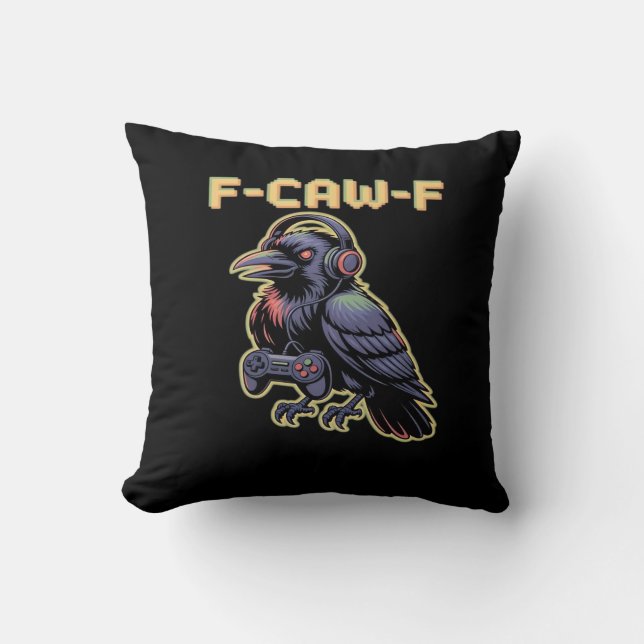 F-Caw-F Gaming Raven With Headphones - Edgy Stream Throw Pillow (Front)