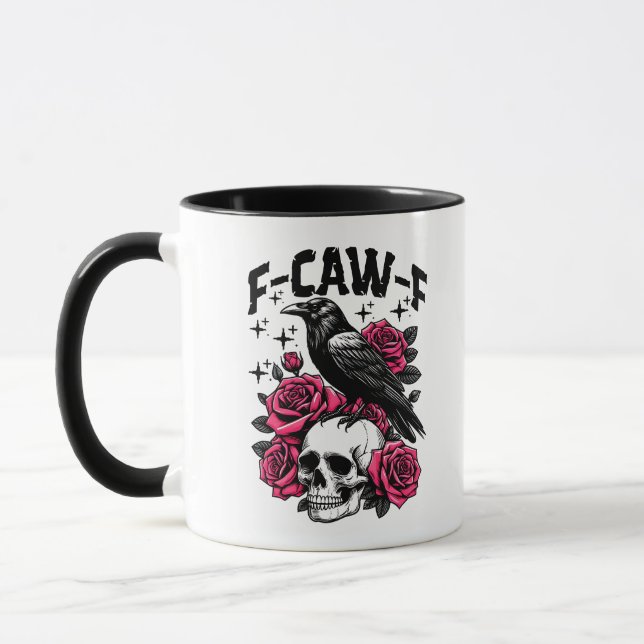 "F-CAW-F" Gothic Crow Skull & Pink Roses Mug (Gauche)