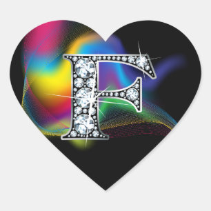"F" Diamond Bling on Rainbow Swirl Heart Sticker