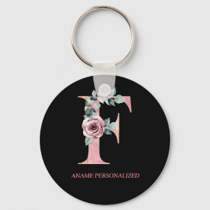 F Floral Monogram Name Letters Pink Agate Keychain