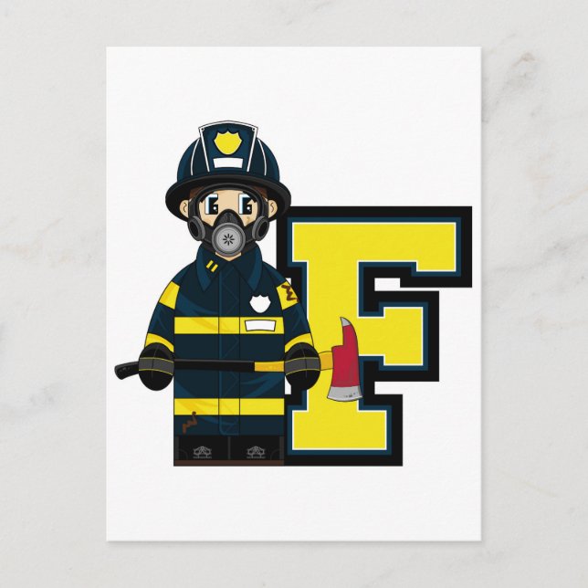F is for Cartoon Fireman Postcard (Front)