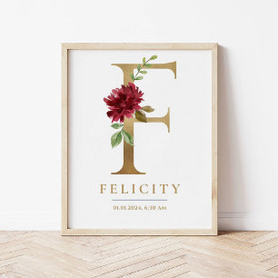 F Letter Monogram Name Marsala Floral Nursery Poster