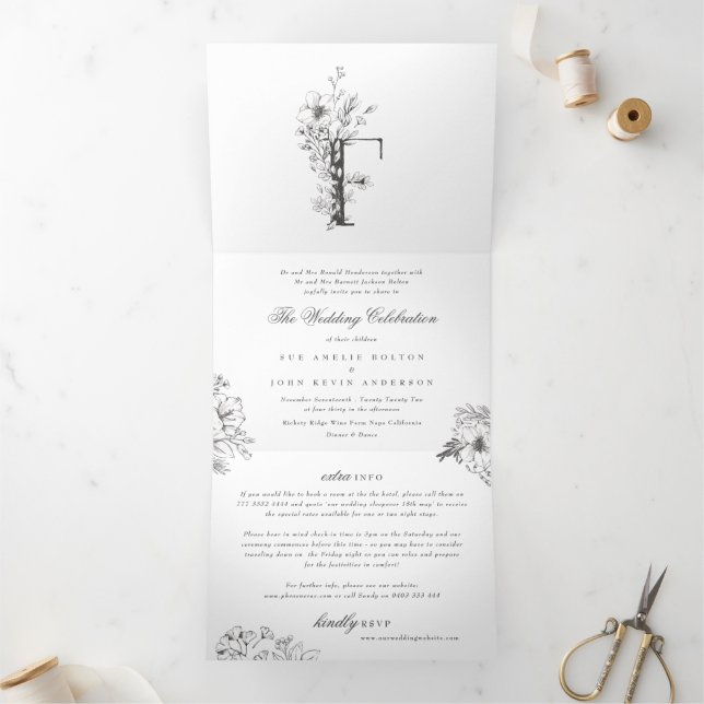 'F' Monogram Beautiful Sketched Floral Wedding Tri-Fold Invitation (Inside)