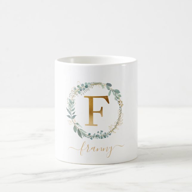 F monogram, customer specific leafy wreath  coffee mug (Center)