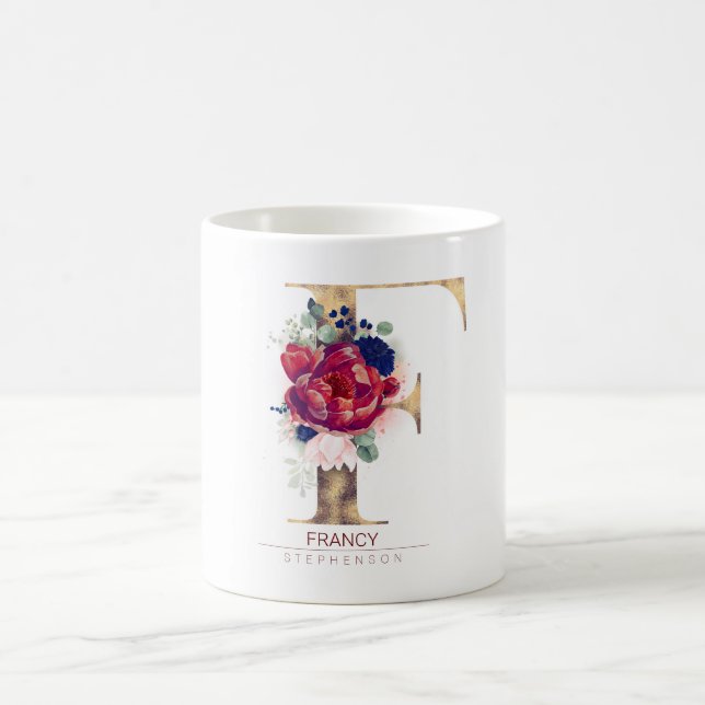 F Monogram Floral Burgundy Red and Navy Blue Coffee Mug (Center)