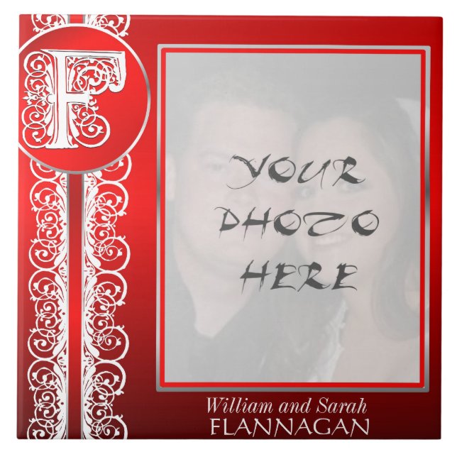 F Monogram "White Lace on Red" with Photo - Tile (Front)