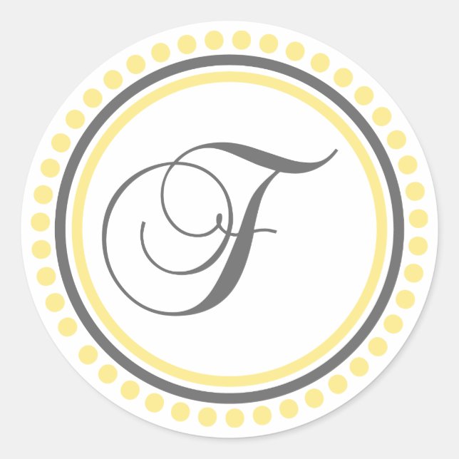 F Monogram (Yellow / Grey Dot Circle) Classic Round Sticker (Front)