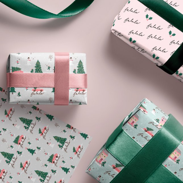 Fa La Home For The Holiday Town & Pink Retro Van Wrapping Paper Sheet (Fa La Home For The Holiday Town & Pink Retro Van Wrapping Paper Sheets)