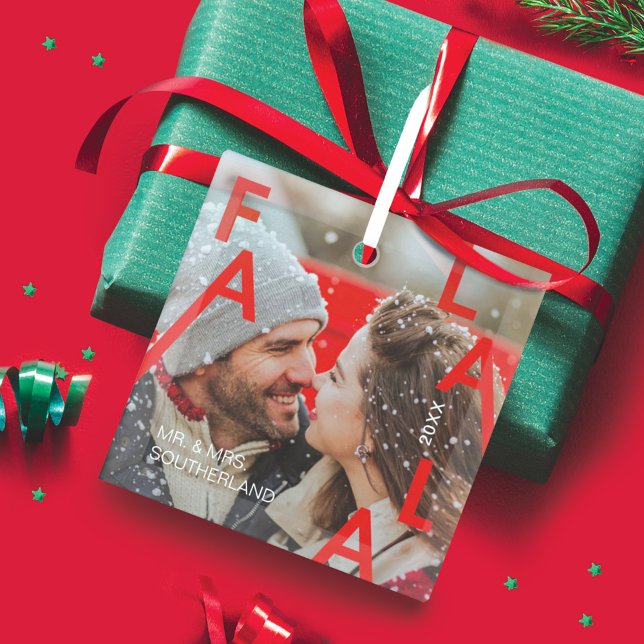 Fa La La Bold Letters Minimalist Modern Photo Glass Ornament (Creator Uploaded)