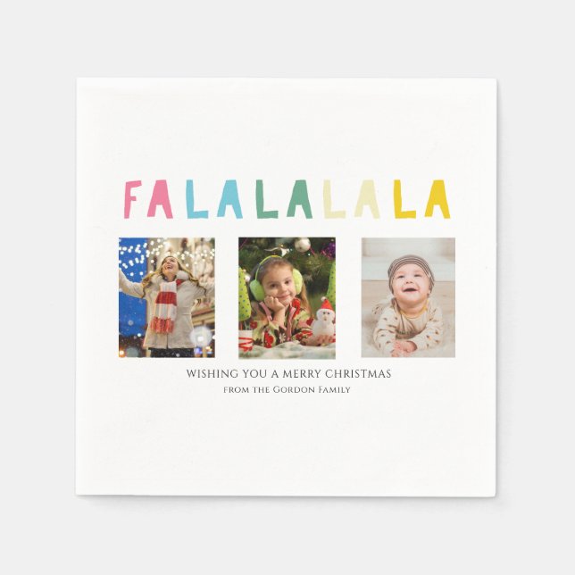 Fa La La Christmas 3 Photo Collage Cute Pastel Napkin (Front)
