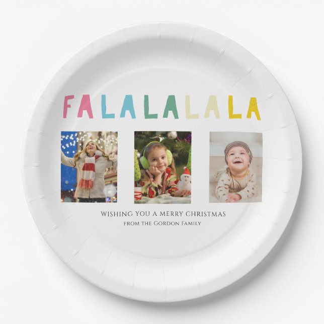 Fa La La Christmas 3 Photo Collage Cute Pastel Paper Plate (Front)