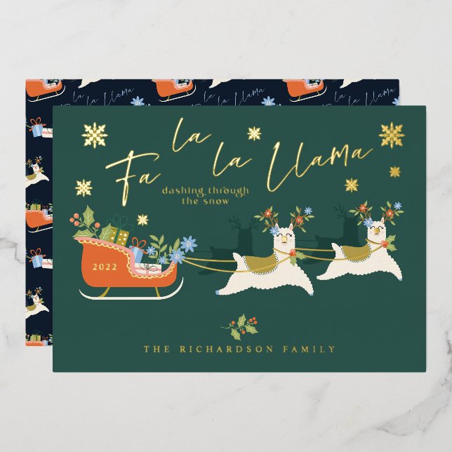 Fa La La Christmas Llama Reindeers & Sleigh Gifts Foil Holiday Card (Front/Back)