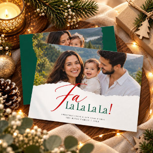 Fa La La Elegant Red Script Two Photo Christmas Holiday Card