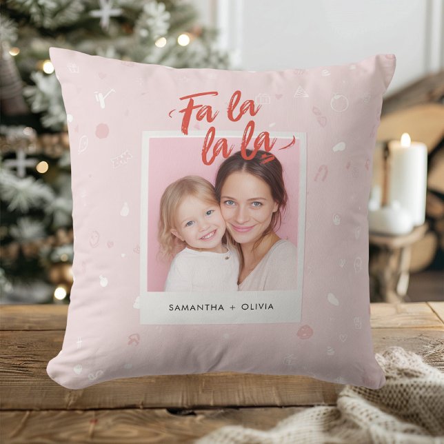 Fa La La La Blush Pink Modern Christmas Photo  Throw Pillow (Creator Uploaded)