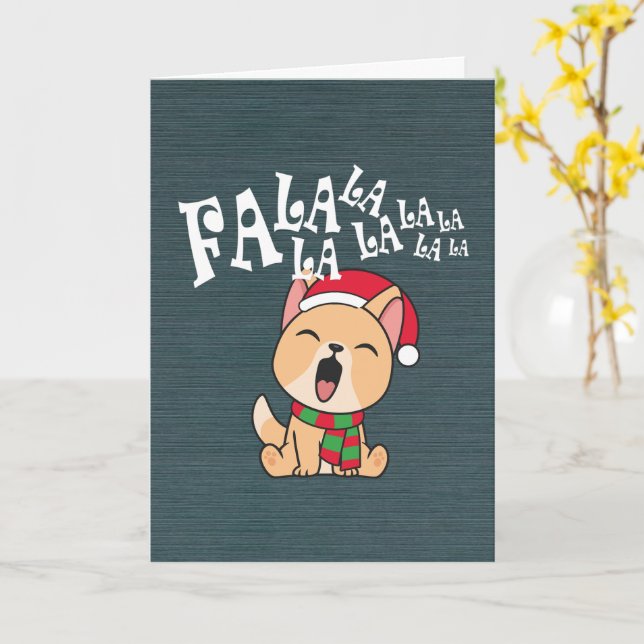 Fa La La La La Christmas Dog Singing Greeting Card (Yellow Flower)