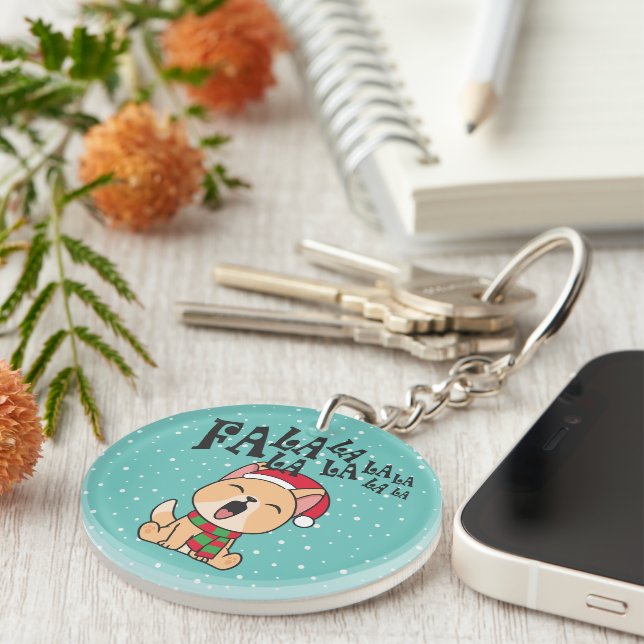 Fa La La La La Christmas Dog Singing | Keychain (Front Right)