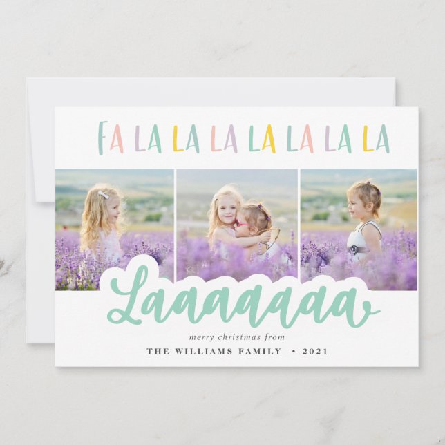 Fa la la la la pastel multi photo Christmas card (Front)