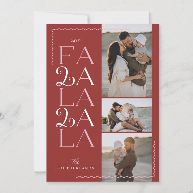 FA LA LA LA Wavy Modern Minimal 3 Photo Collage Holiday Card (Front)