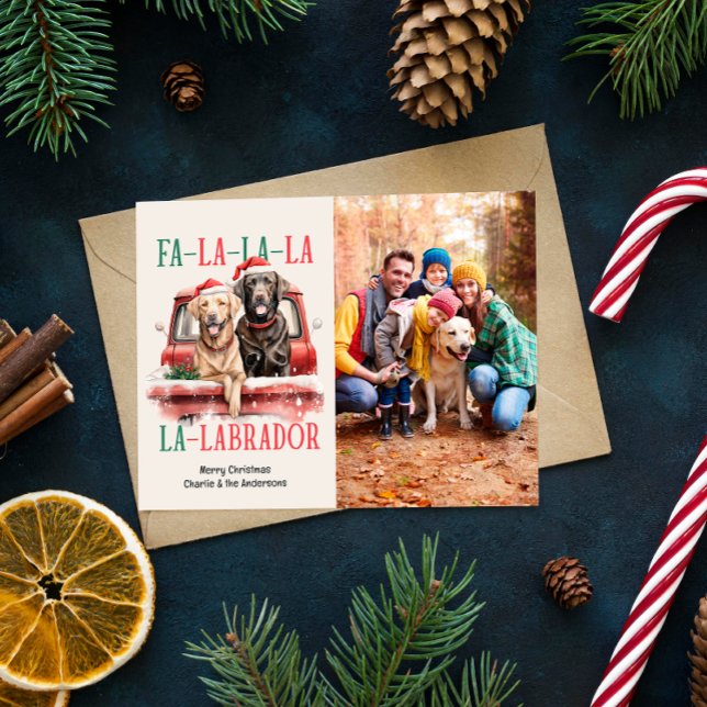 FA LA LA LABRADOR DOG RED TRUCK FURRY CHRISTMAS HOLIDAY CARD (RETRIVERS LOVER FA LA LA LABRADOR CHRISTMAS SINGLE PHOTO FAMILY CARD WITH DOG THEME RED TRUCK)