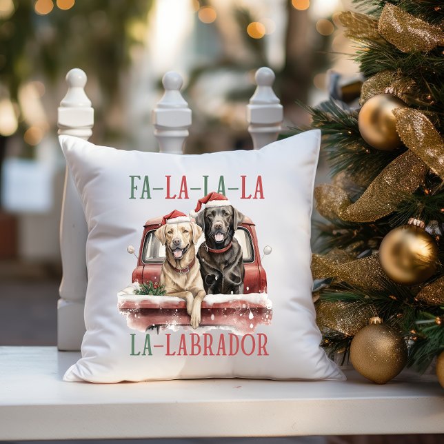 FA LA LA LABRADOR DOG RED TRUCK FURRY CHRISTMAS THROW PILLOW (dog themed home decor for labrador owner and golden retriever lover  FA LA LA LA CHRISMTAS)