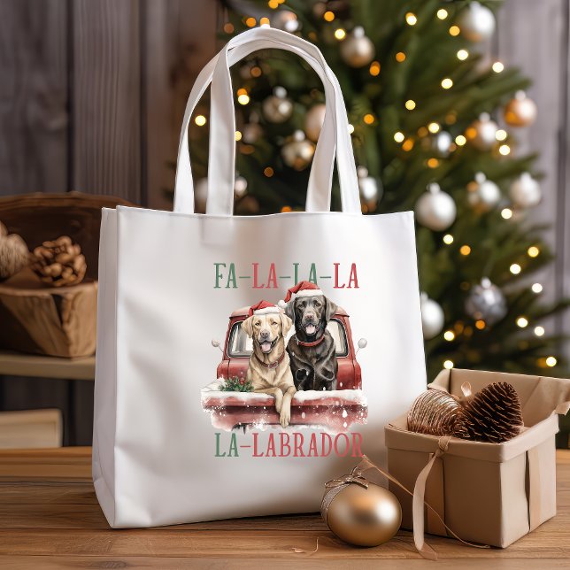 FA LA LA LABRADOR DOG RED TRUCK FURRY CHRISTMAS TOTE BAG (BAG FOR BROWN LABRADOR OR GOLDEN RETRIEVER OWNER FOR CHRISTMAS SEASON FA LA LA LABRADOR)