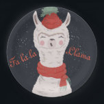Fa la la Llama Christmas Paper Plate<br><div class="desc">Funny but stylish design of a cute llama singing christmas carols wearing red,  knitted hat with a tassel on top and a winter scarf. Customize the text with easy templates -option. Art and design by Mira</div>