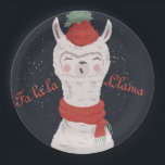 Fa la la Llama Christmas Paper Plate<br><div class="desc">Funny but stylish design of a cute llama singing christmas carols wearing red,  knitted hat with a tassel on top and a winter scarf. Customize the text with easy templates -option. Art and design by Mira</div>
