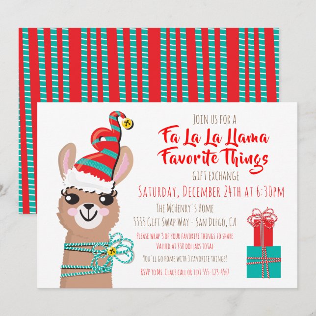 Fa la la Llama Favourite Things Gift exchange Invitation (Front/Back)