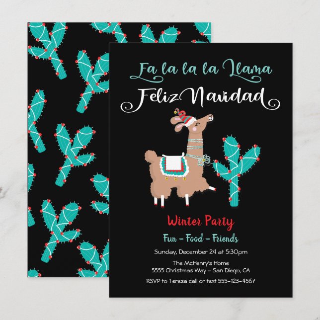 Fa la la Llama Feliz Navidad Holiday Party Card (Front/Back)