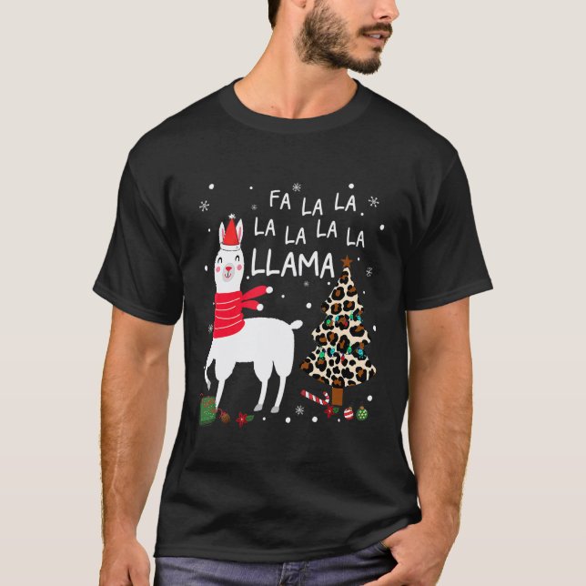 Fa La La Llama Leopard Christmas Tree Light T-Shirt (Front)